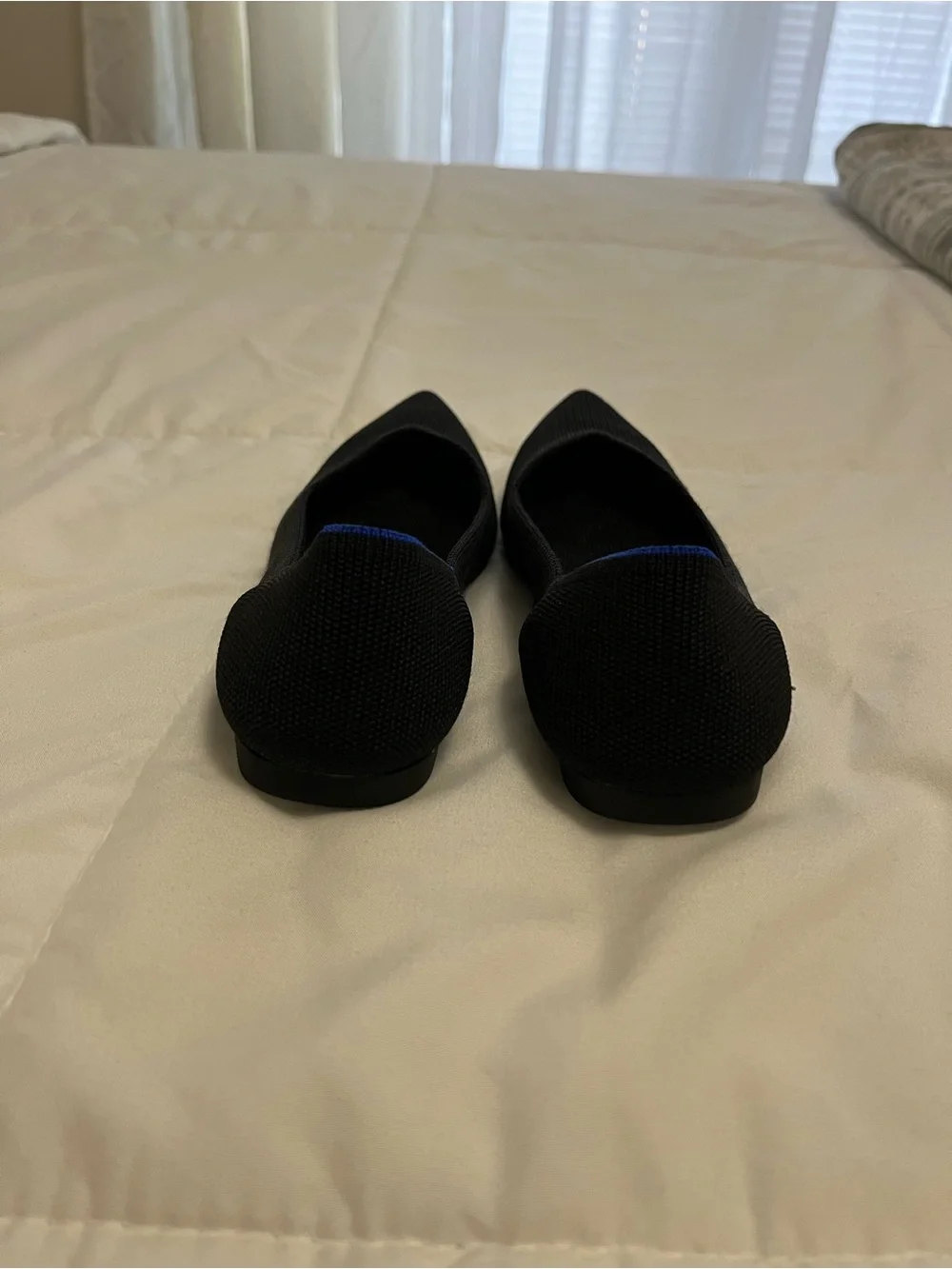 Rothy's Black Pointed-Toe Knit Flats with Blue Trim